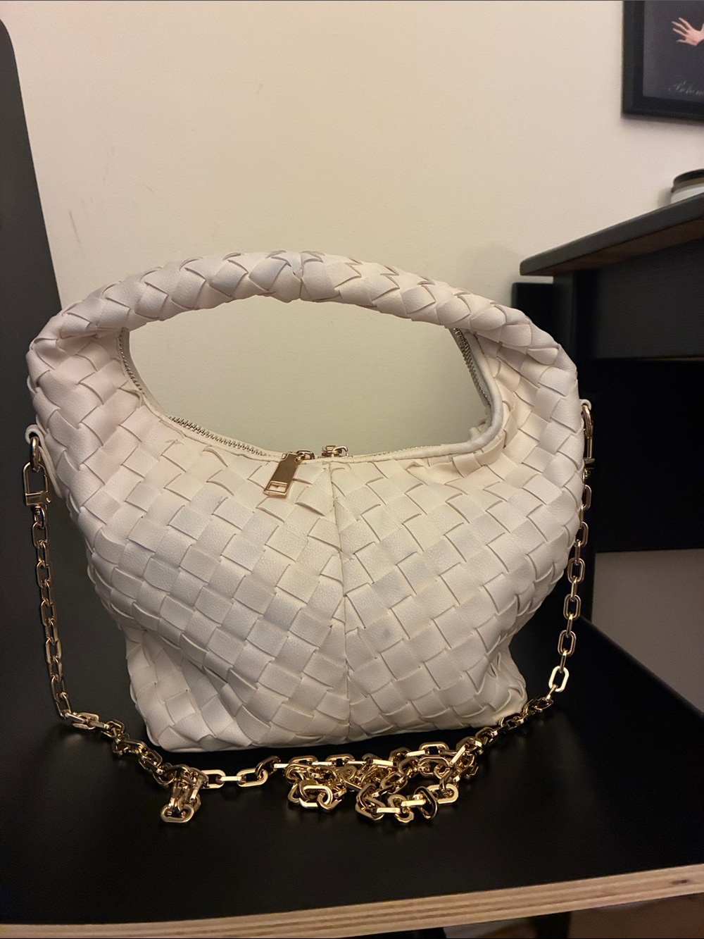 Vegan Leather Woven Hobo Shoulder Bag in Cream with Gold Chain